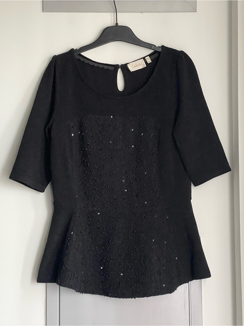 ANTHROPOLOGIE DELETTA Black Sequin Embellished Knit Peplum Top